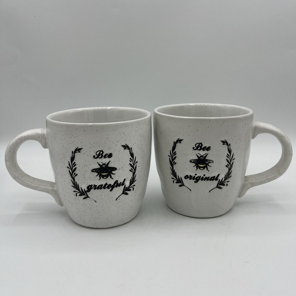 BEE ORIGINAL & GRATEFUL Coffee Tea MUGS Cups ORGANIC SPECKLE Ceramic LOT OF 2